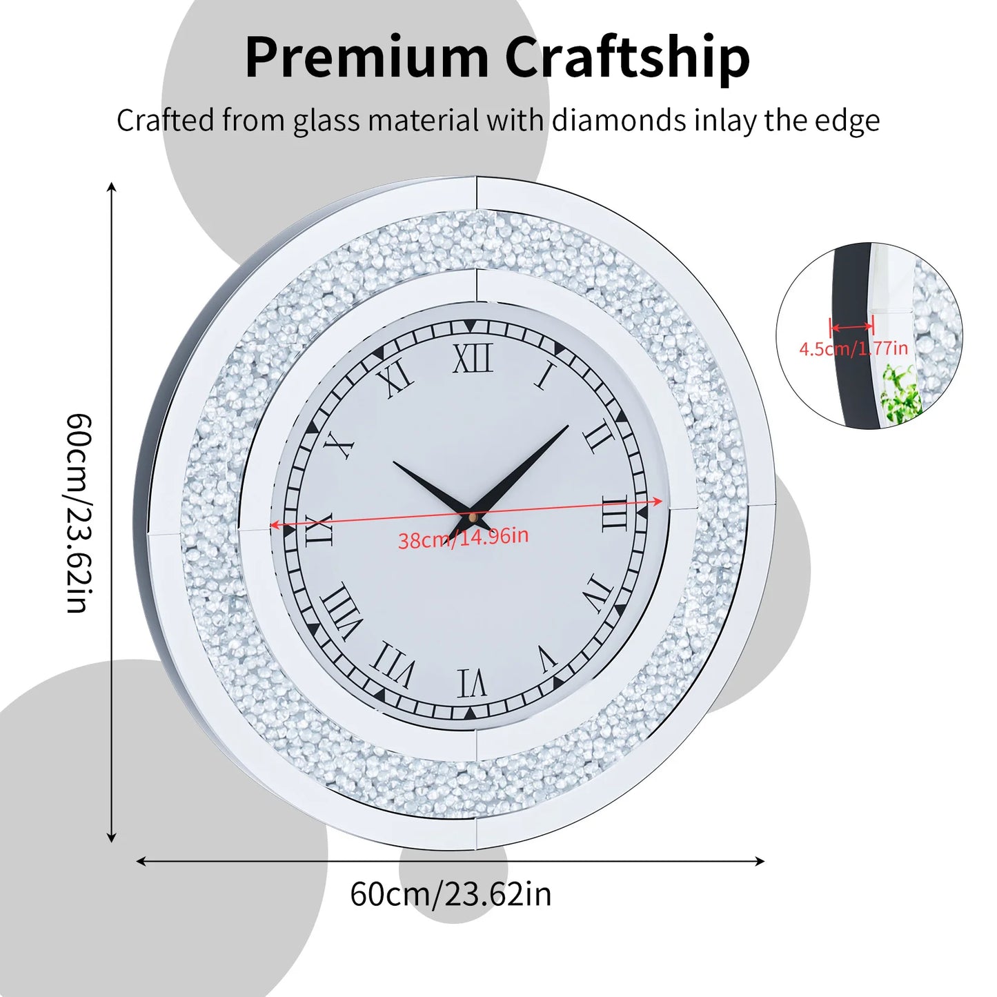 Bling Silver Round Mirror Clock